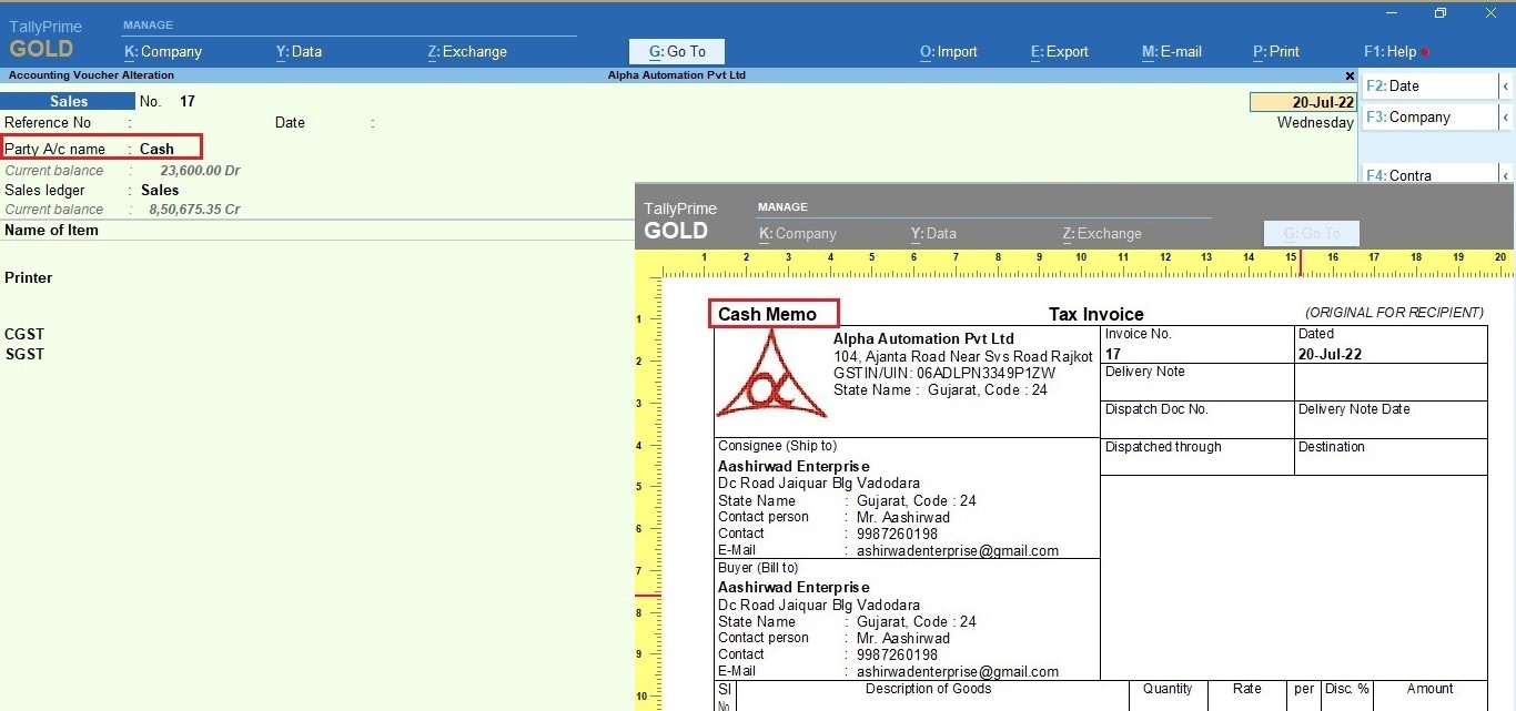 Print Cash / Debit Memo in Sales Invoice